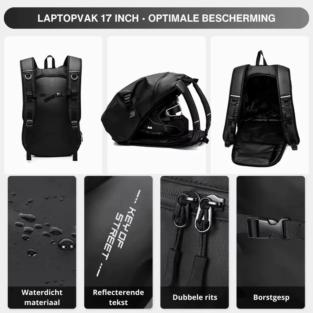 Detailweergave van de Waterdichte laptop rugzak motor 17 inch zwart, met waterafstotend materiaal, reflecterende tekst en dubbele ritssluiting.