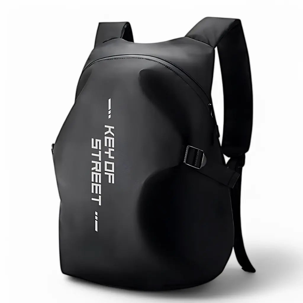 Zijaanzicht van de Waterdichte laptop rugzak motor 17 inch zwart, met verstelbare schouderbanden en een ergonomisch ontwerp voor optimaal draagcomfort.