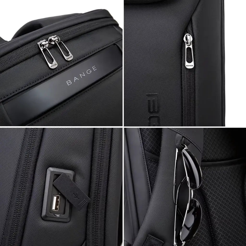 Zakelijke laptop rugzak heren zwart met close-updetails van de ritsen, USB-oplaadpoort en een vak voor het veilig opbergen van een zonnebril of andere accessoires.