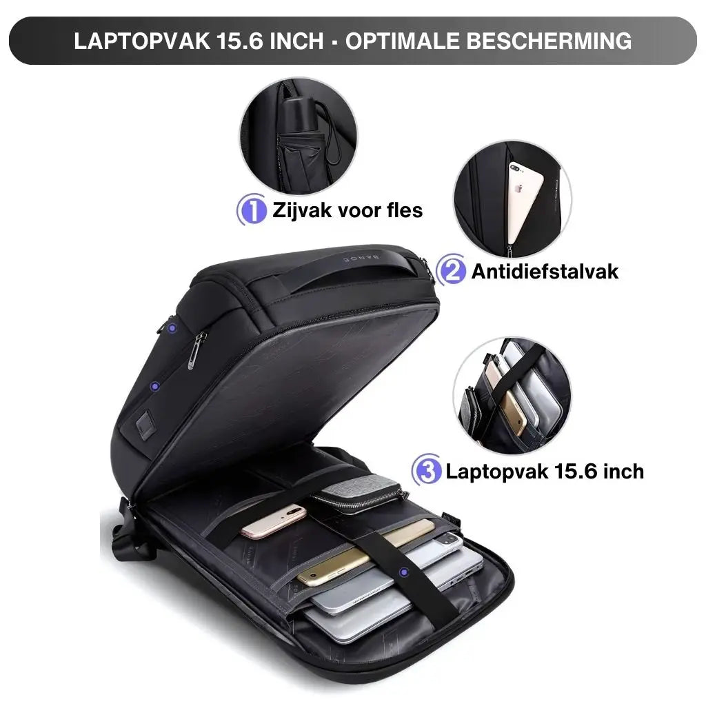 Zakelijke laptop rugzak heren zwart, open met zichtbare vakken. Bevat een 15,6-inch laptopvak, een antidiefstalvak en extra opbergruimte voor accessoires en documenten.