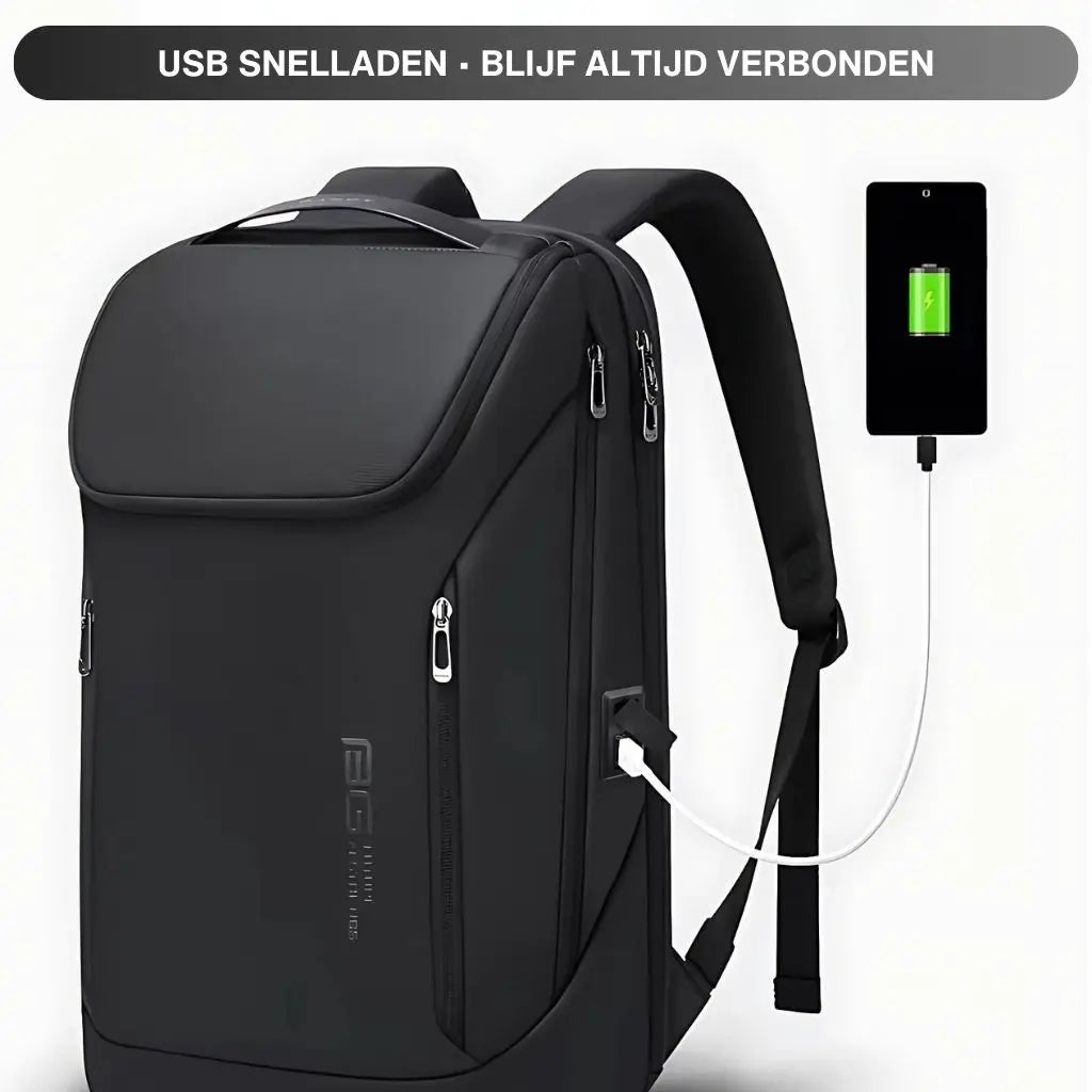 Zakelijke laptop rugzak heren zwart met een ingebouwde USB-oplaadpoort. Handige functie om onderweg smartphones en andere apparaten op te laden.