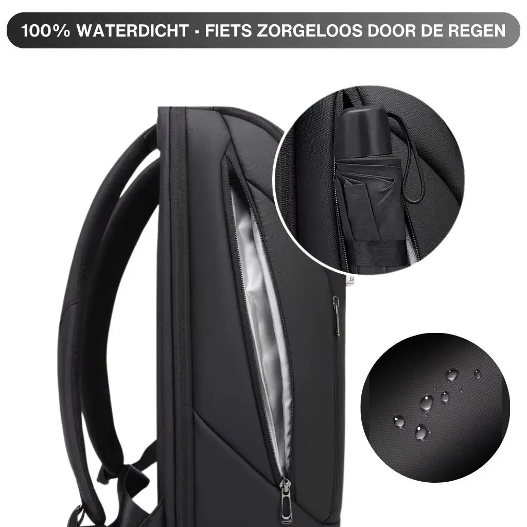 Zakelijke laptop rugzak heren zwart met waterdichte bescherming. Detailbeelden tonen een waterbestendig ritsvak, een zijvak voor een paraplu en waterafstotend materiaal.