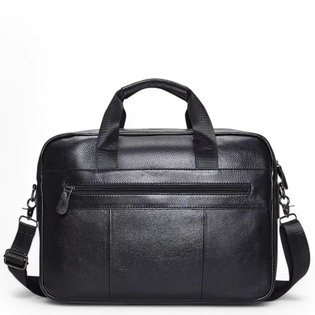 Praktische leren laptoptas heren 14 inch zwart met handvatten, schouderband, ritssluiting aan de bovenkant en functioneel voorvak met rits voor optimale organisatie van zakelijke documenten.