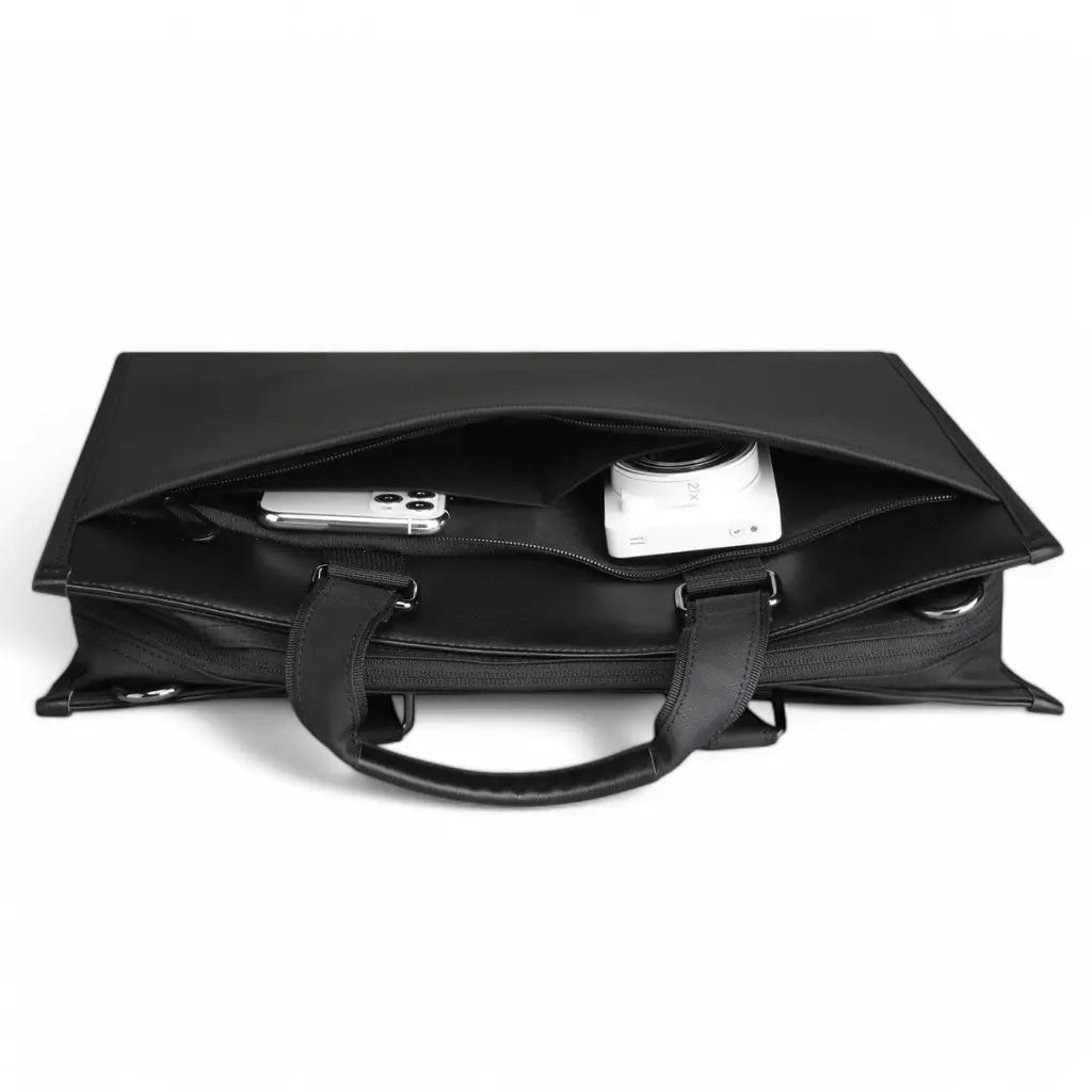 Binnenkant van business laptoptas dames 15.6 inch met ruim compartiment voor laptop en diversen zakken voor accessoires en documenten.