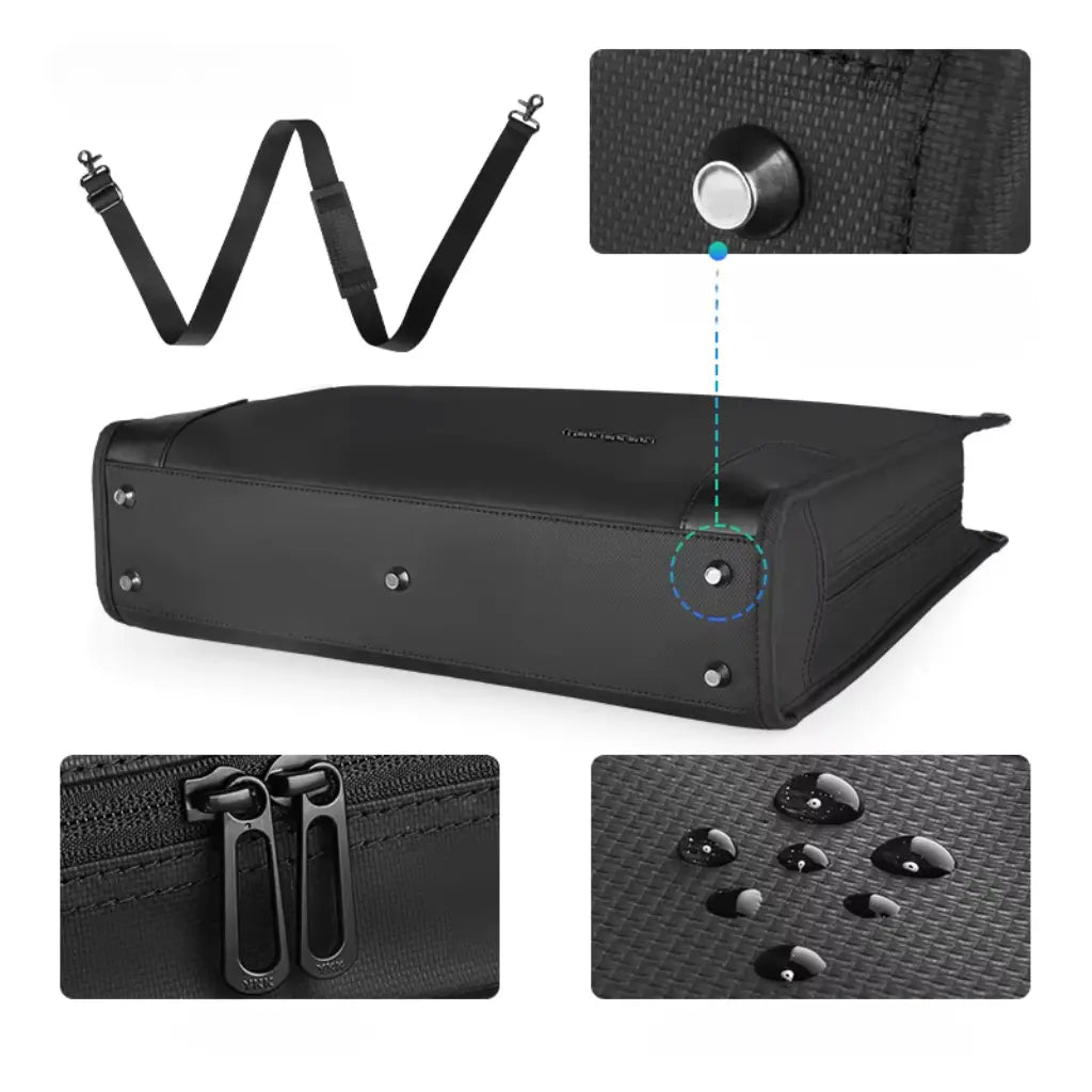 Details van business laptoptas dames 15.6 inch met schouderriem, waterafstotende eigenschap en duurzame ritsluitingen die de kwaliteit tonen.