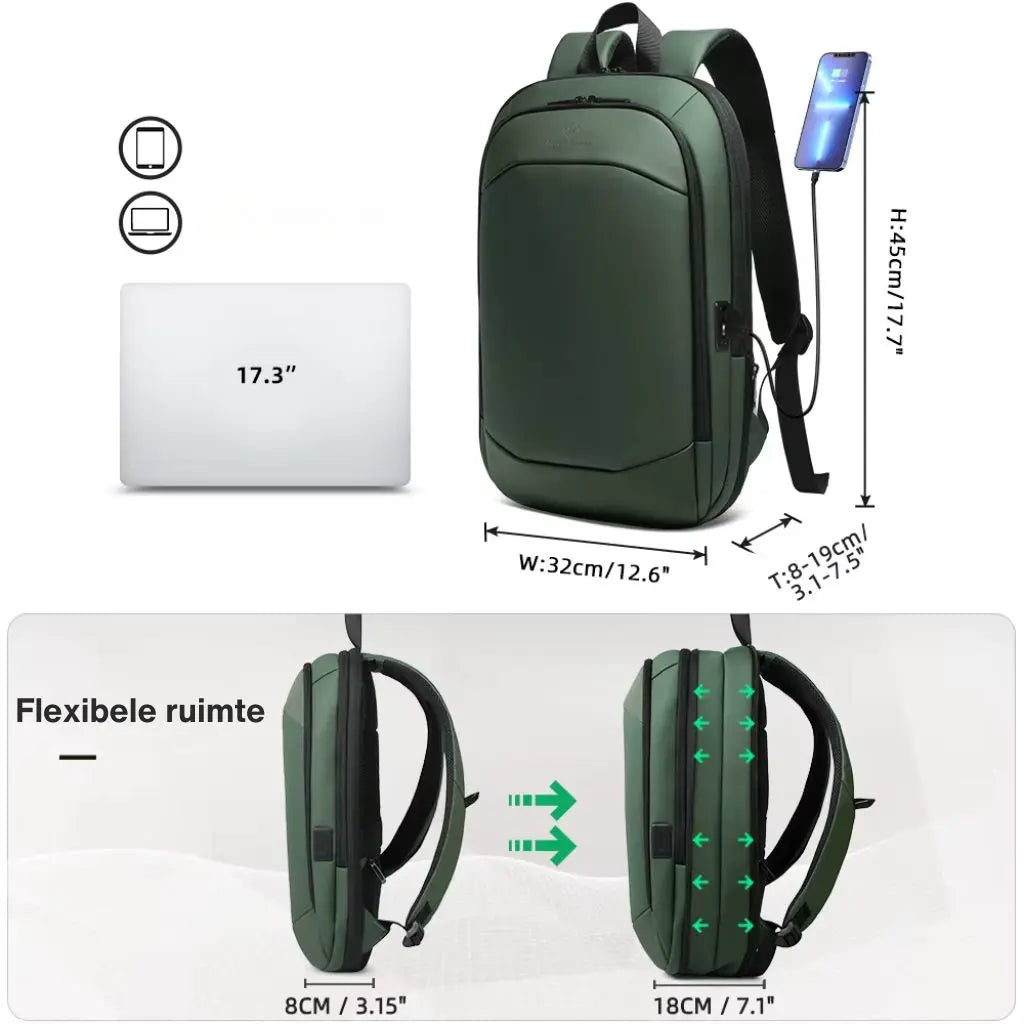 Laptop rugzak 17 inch groen met afmetingen en flexibele uitbreidbare opbergruimte, perfect voor werk en reizen.