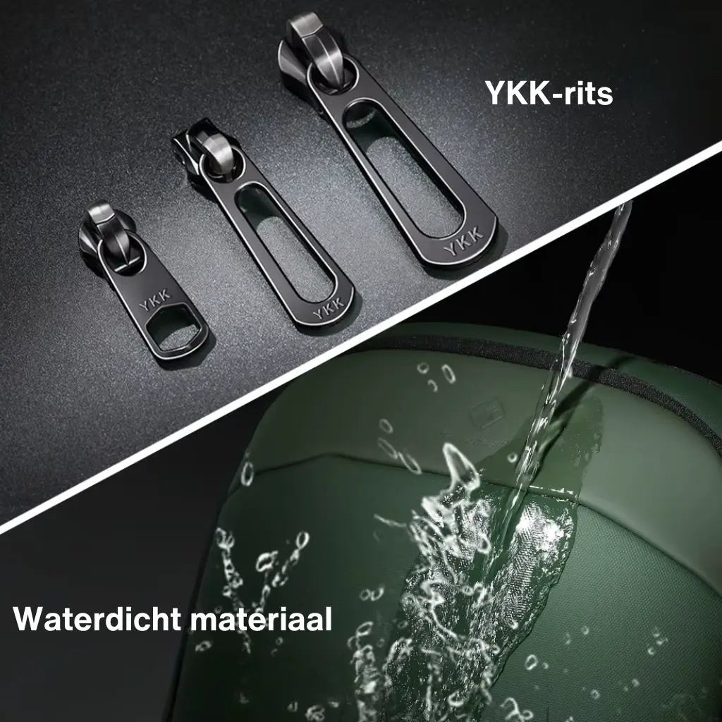 Close-up van laptop rugzak 17 inch groen met YKK-ritsen en waterdicht materiaal voor maximale duurzaamheid en bescherming.