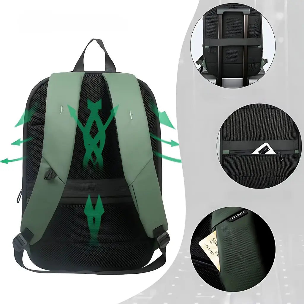 Achterkant van laptop rugzak 17 inch groen met ademend rugpaneel, ergonomische schouderbanden en een verborgen vak voor waardevolle spullen.