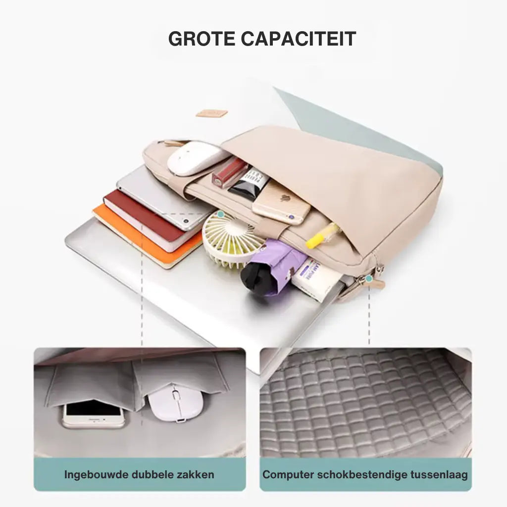Stijlvolle laptoptas dames met grote capaciteit, ingebouwde dubbele zakken en schokbestendige tussenlaag voor laptopbescherming.