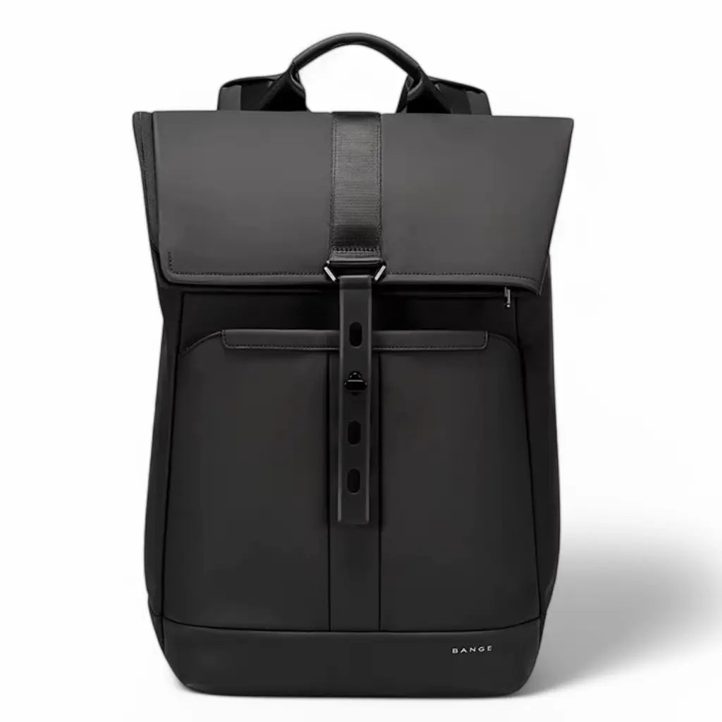 Zwarte waterdichte laptop rugzak 15 inch rolltop model van Bange met stijlvolle sluiting en handvat aan de bovenkant.